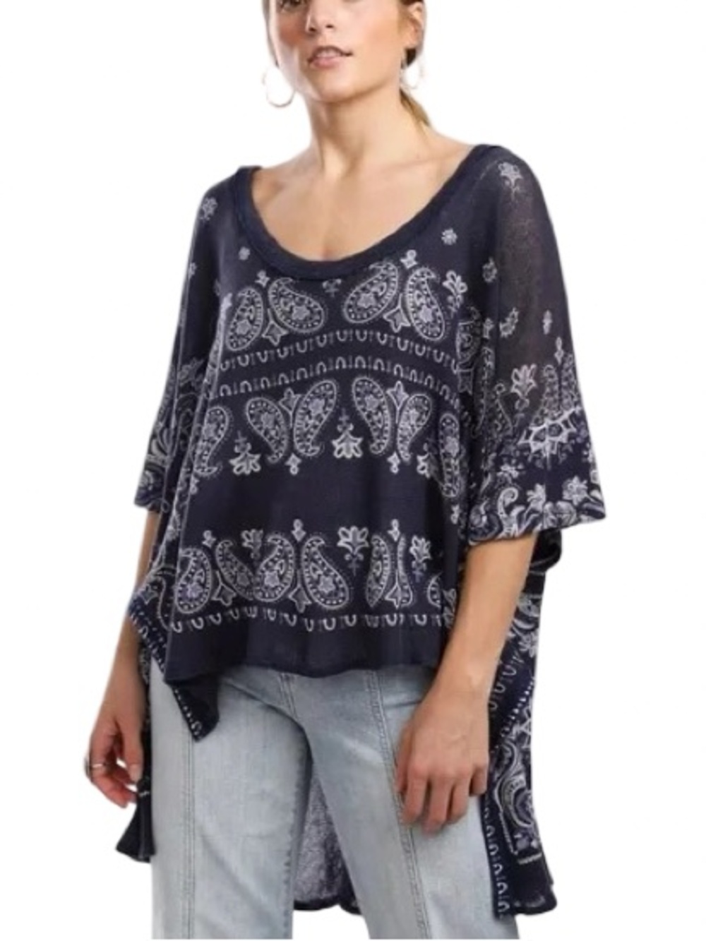 Free People Navy Blue‎ Paisley Short Sleeve V-Neck Top